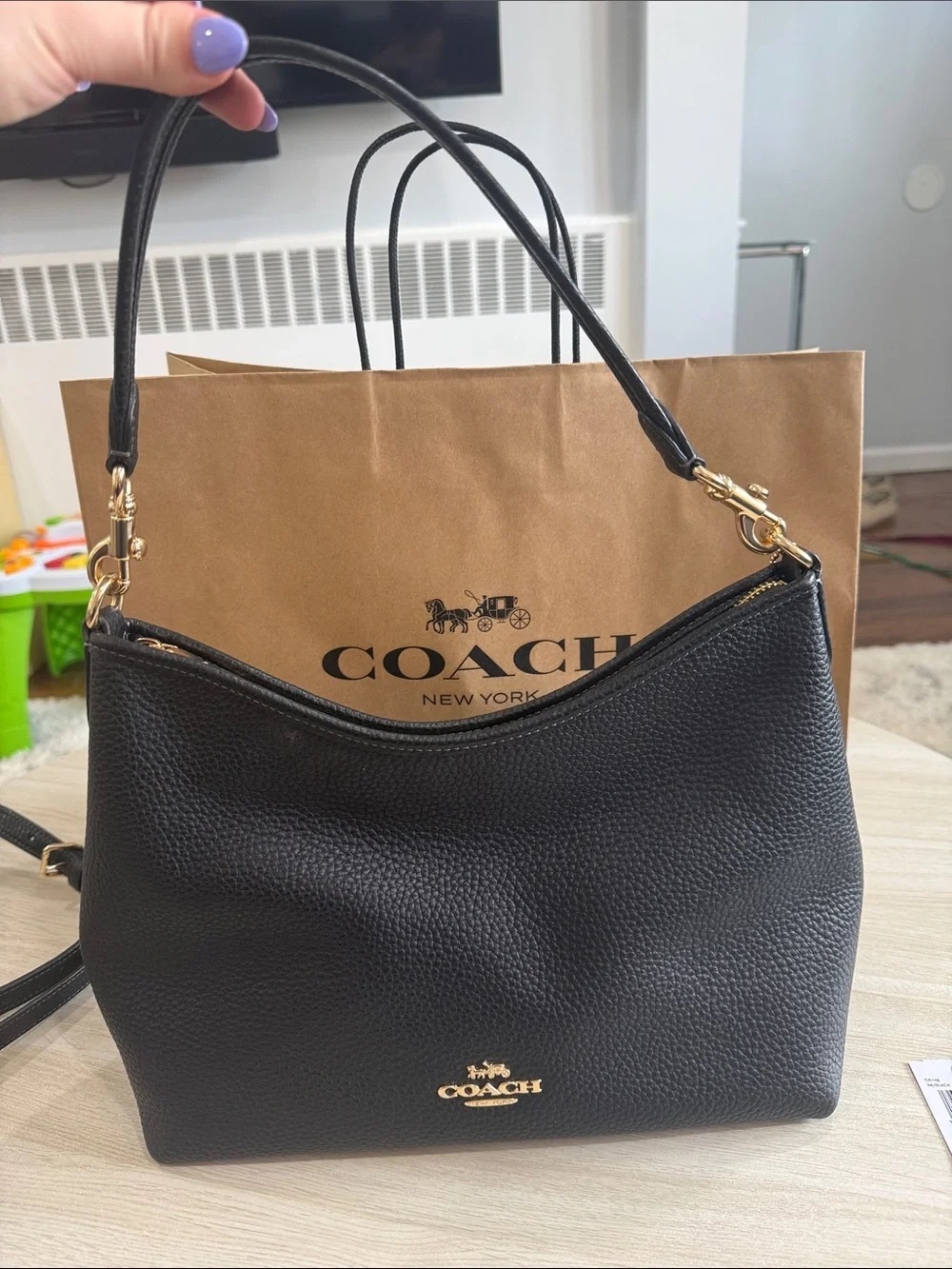Coach Black Pebbled Leather Shoulder Hobo with Gold Hardware